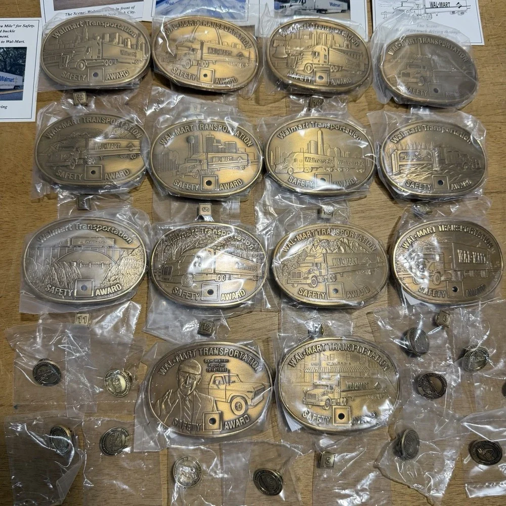 Vintage Wal-Mart Transportation Safety Award Belt Buckle Lot of 14 Brass Pins